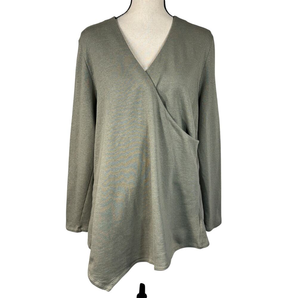 Soft Surroundings X-Large Top Faux Wrap Long Sleeve Asymmetrical Hem Sage Green